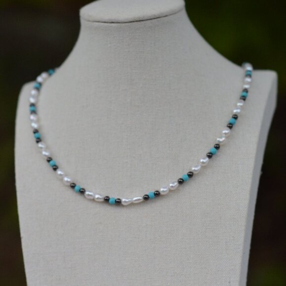 Unisex Turquoise & Freshwater Pearl Necklace with Hematite – 19" Gunmetal Lobste - Picture 2 of 5